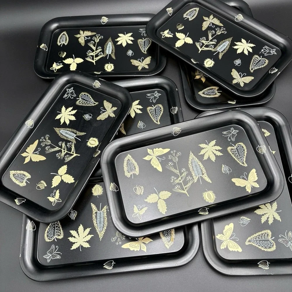 MCM Metal Trays Serving Platters Butterflies Leaves Flowers Black Gold 1960 8pc